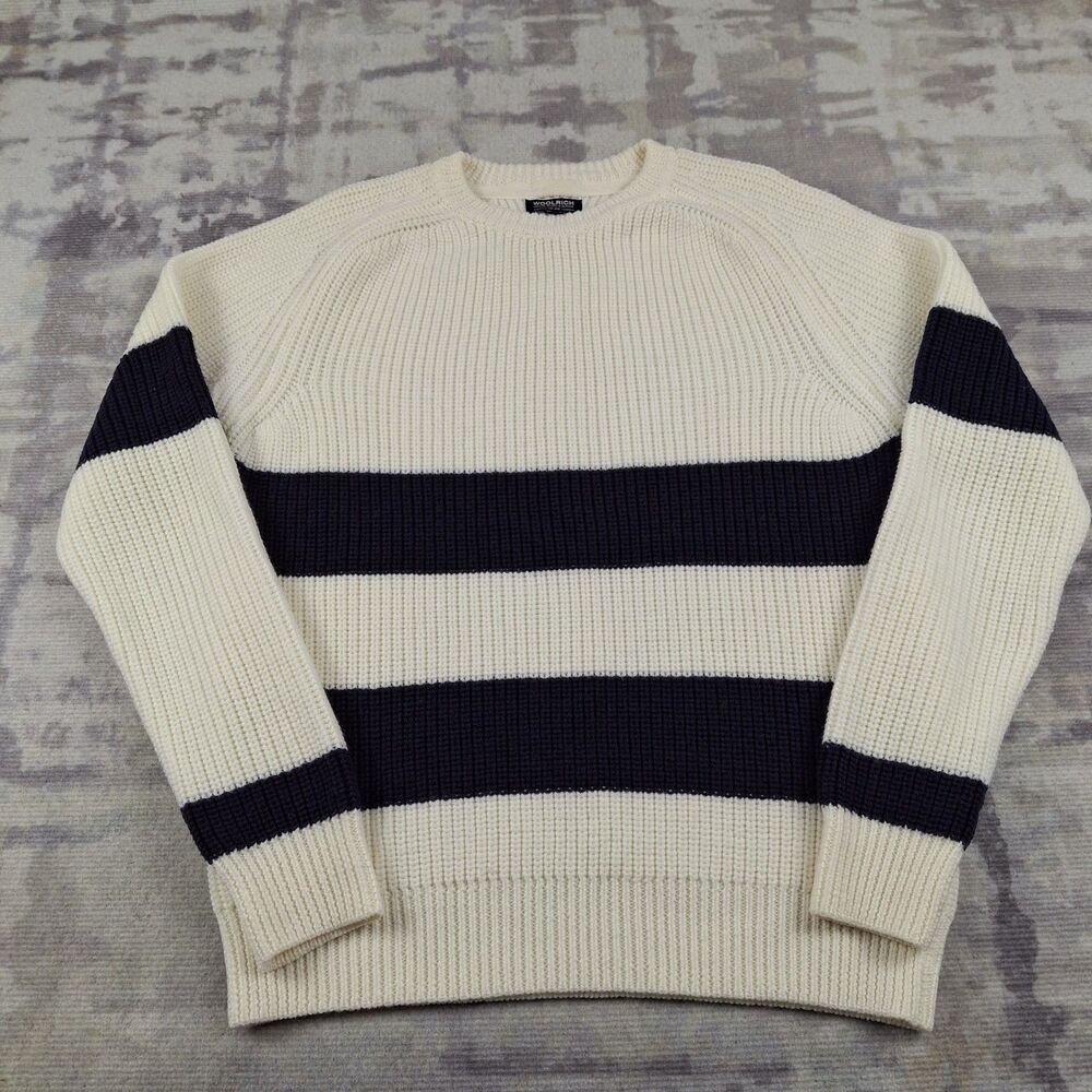 Woolrich John Rich & Bros Sweater Mens M 100% Wool Made in Italy Striped Cream
